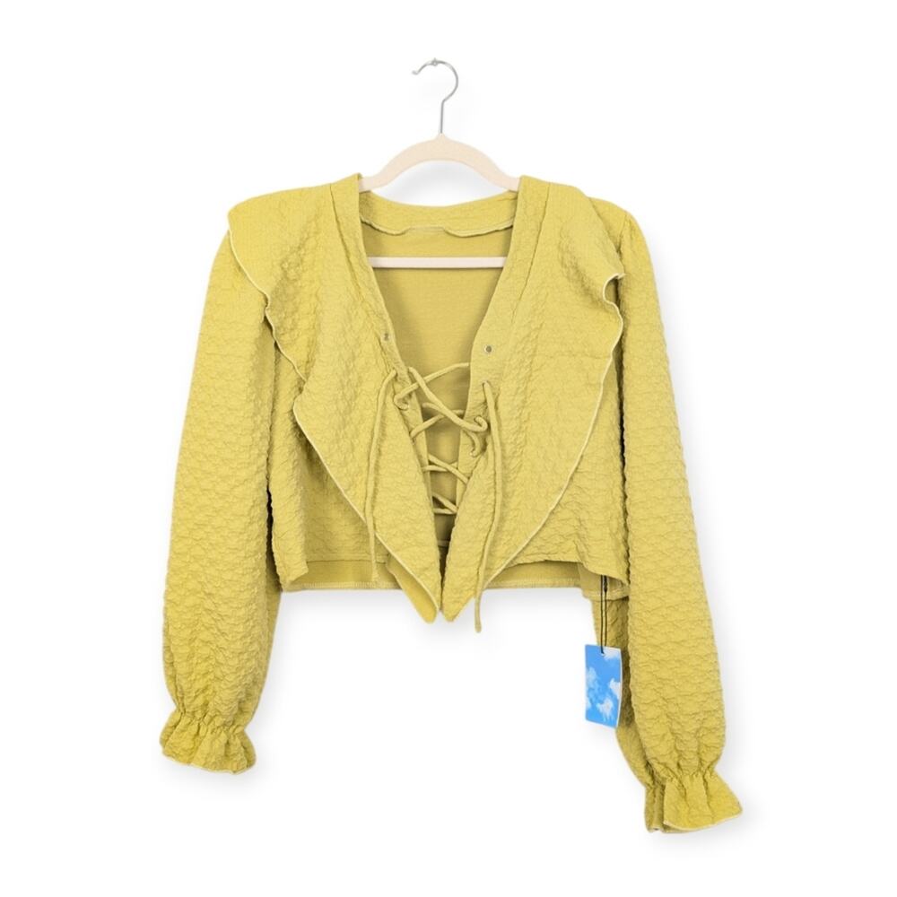 Cider Secret Garden Top M Chartreuse Textured Lace Up Cottagecore Trendy NWT